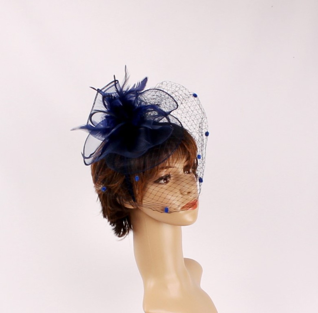  Head band crin  fascinator w feathers and net navy STYLE: HS/4675 /NVY image 0